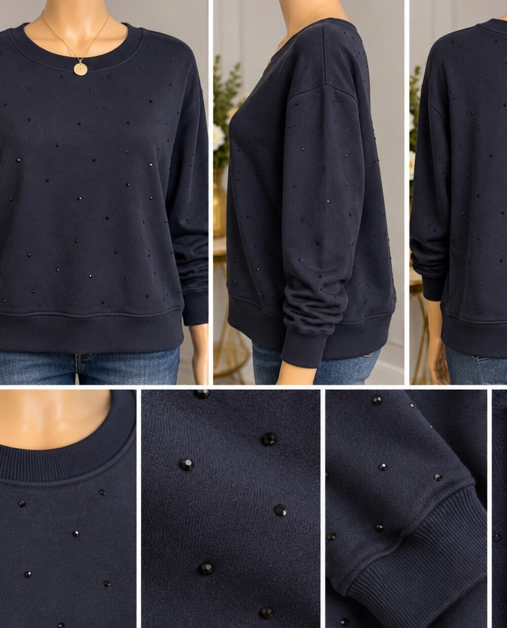 Women's Navy Sweatshirt with Subtle Stud Detailing